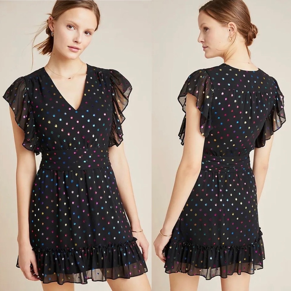 NWT ANTHROPOLOGIE ALI&JAY KARA RAINBOW DOT CHIFFON MINI DRESS BLACK Size XL